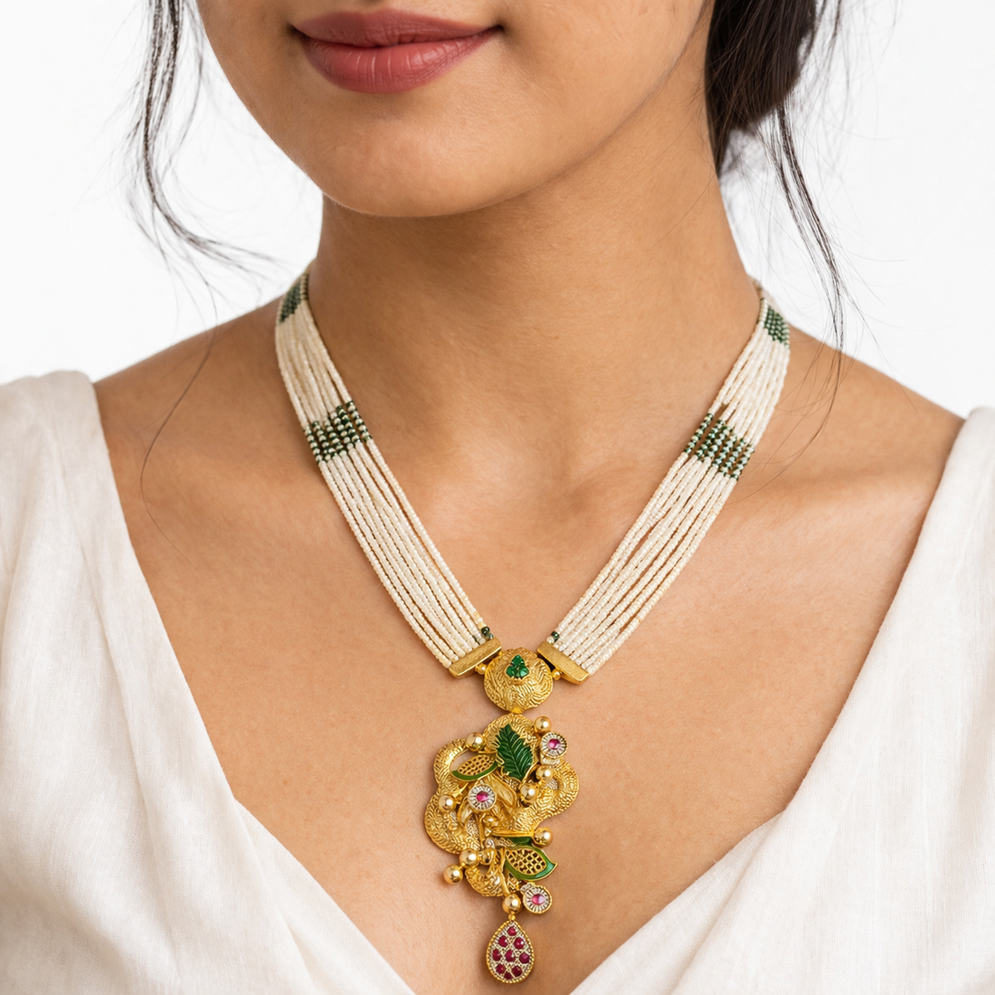 Silver Moti Piroi Pendant Set with PMF Gold Real Gold Deposition